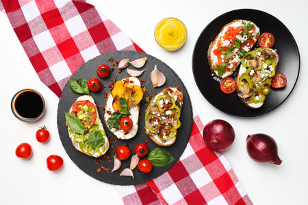 Toasts with tasty grilled vegetables, top viewの写真素材