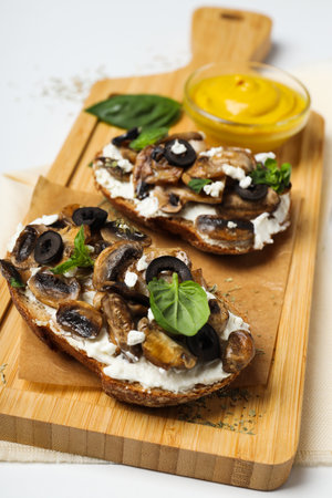 Toasts with tasty grilled vegetables, concept of delicious appetizerの写真素材