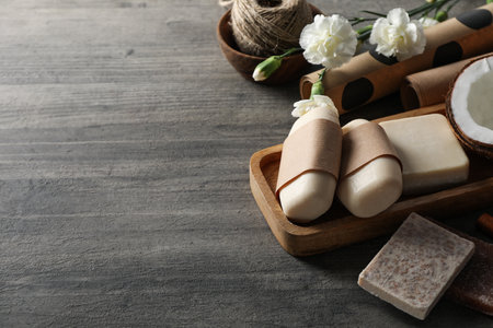 Concept of bath and skin care accessories - soapの写真素材