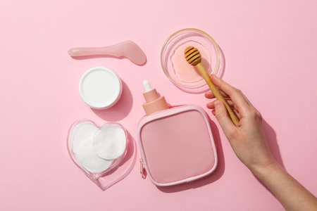 Concept of face and skin care supplies - Honey cosmeticの写真素材