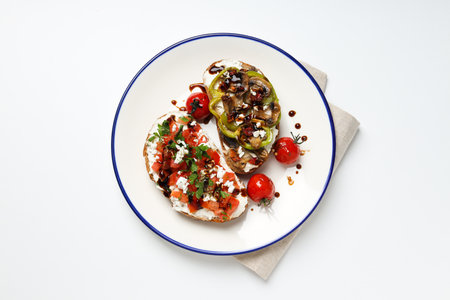Toasts with tasty grilled vegetables, top viewの写真素材