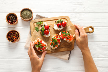 Toasts with tasty grilled vegetables, top viewの写真素材