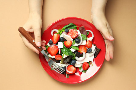 Concept of tasty food, salad with strawberry, top viewの写真素材