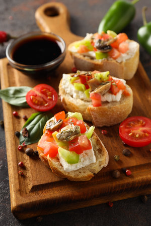 Toasts with tasty grilled vegetables, concept of delicious appetizerの写真素材