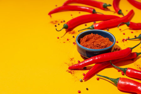 Concept of hot and spicy ingredients - red hot chili pepperの写真素材