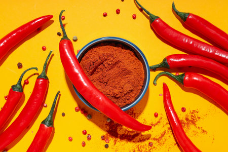 Concept of hot and spicy ingredients - red hot chili pepperの写真素材