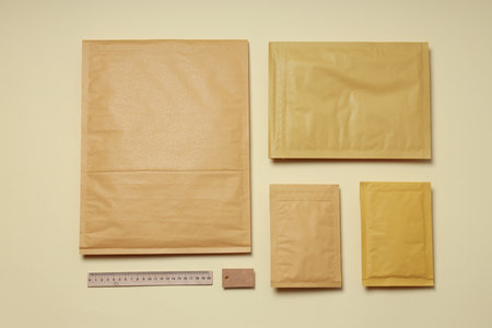 Flat lay with blank packages on beige backgroundの写真素材