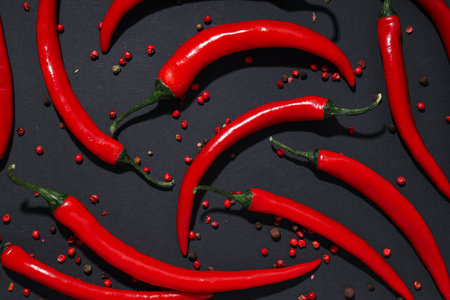 Concept of hot and spicy ingredients - red hot chili pepperの写真素材