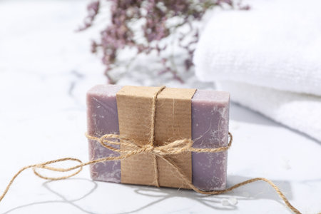 Concept of bath and skin care accessories - soapの写真素材
