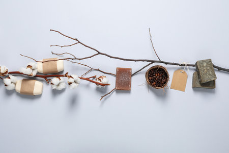 Concept of bath and skin care accessories - soapの写真素材