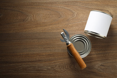 Canned food in blank metal jars, concept of canned food