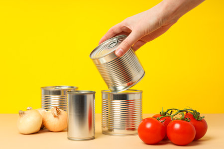 Canned food in blank metal jars, concept of canned foodの写真素材