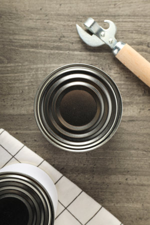Canned food in blank metal jars, concept of canned foodの写真素材