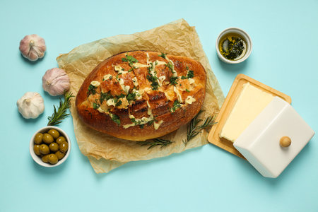 Tasty bakery product - garlic bread, homemade breadの写真素材