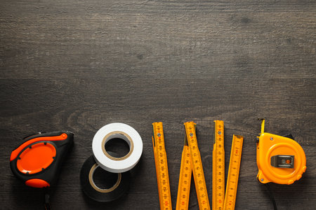 Concept of various work accessories, engineering supplies and tools