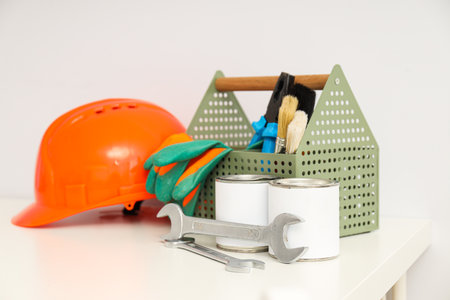 Concept of various work accessories, engineering supplies and tools