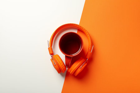 Concept of freelance, composition with hot drink and headphonesの写真素材