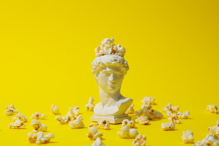 Cinema and cinematography concept with ancient head on yellow backgroundの写真素材