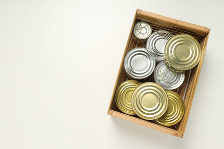 Canned food in blank metal jars, concept of canned foodの写真素材