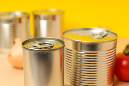 Canned food in blank metal jars, concept of canned foodの写真素材
