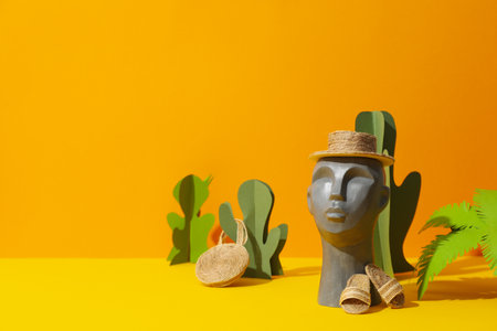 Vacation concept with decorative head against orange backgroundの写真素材