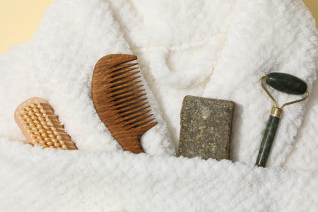 Bath accessories and supplies, composition with bathrobeの写真素材