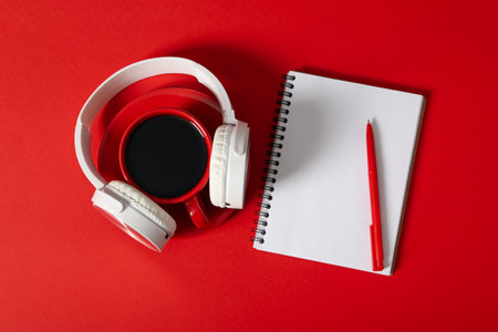 Concept of freelance, composition with hot drink and headphonesの写真素材