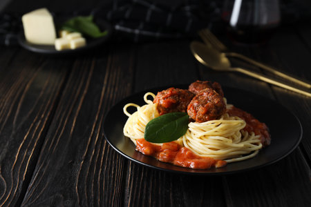 Concept of delicious food - pasta with meatballsの写真素材
