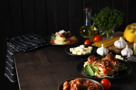 Concept of delicious food - pasta with meatballsの写真素材