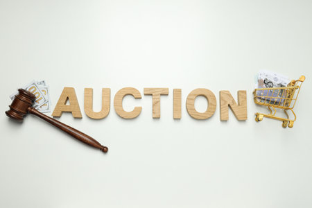 Concept of Auction, composition with wooden hammerの写真素材