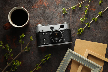 Concept of leisure and photo hobby with retro photo cameraの写真素材