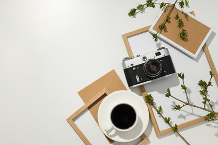 Concept of leisure and photo hobby with retro photo cameraの写真素材