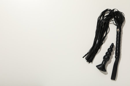 Whip and anal chain, on a white background with space for textの写真素材