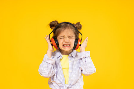 A girl in headphones for noise isolationの写真素材