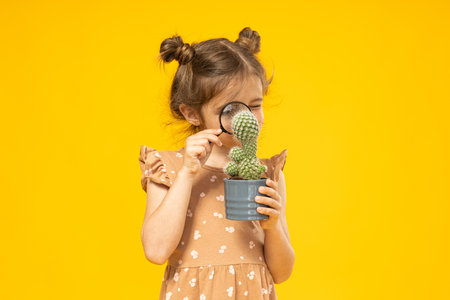 A little girl looks at a cactus under a magnifying glassの写真素材