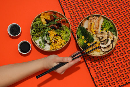 Concept of lunch, paper bowl with foodの写真素材
