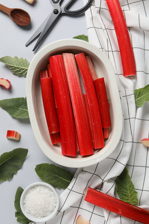 Rhubarb stalk in bowl, mint, salt, scissors and white checkered towel on gray background, flat layの写真素材