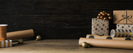 Concept of wrapping gift, composition with wrapping paperの写真素材