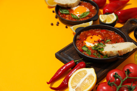 Pans with shakshuka on the board, slices of bread, tomatoes, spices on yellow background, space for textの写真素材