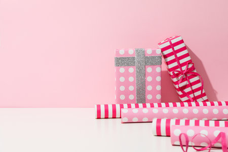 Concept of wrapping gift, composition with wrapping paperの写真素材