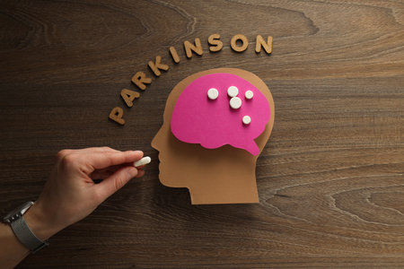 Paper head with a brain on a wooden background and a woman's hand with a tabletの写真素材