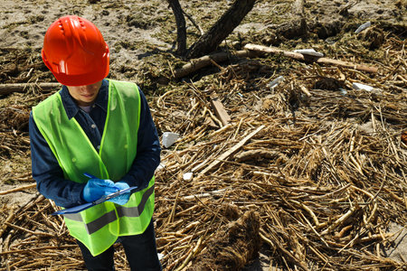 A man in a helmet investigates the pollution of a reservoir, place for text