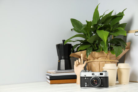 Concept of leisure and photo hobby with retro photo cameraの写真素材