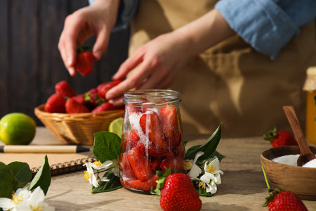 Concept of cooking tasty and sweet food - strawberry jamの写真素材