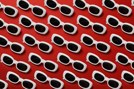 Sunglasses on a red background, top viewの写真素材