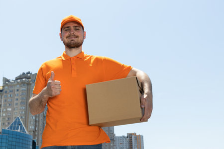 A happy courier near a car with boxesの写真素材