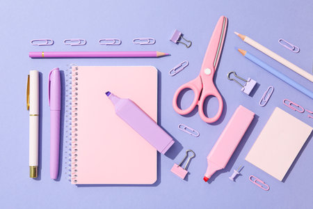 Stationary on colorful background, flat lay compositionの写真素材