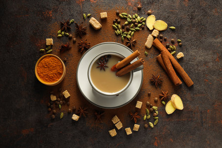 Traditional Indian hot drink with milk and spices - Masala teaの写真素材