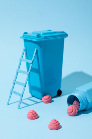 Containers with jelly candies on blue backgroundの写真素材
