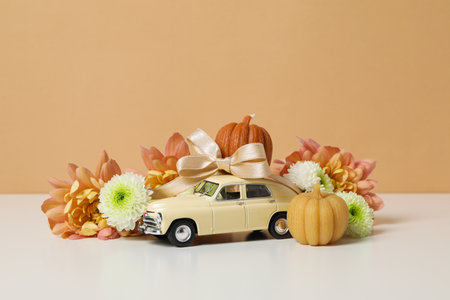 Autumn or fall travel and vacation concept with carの写真素材